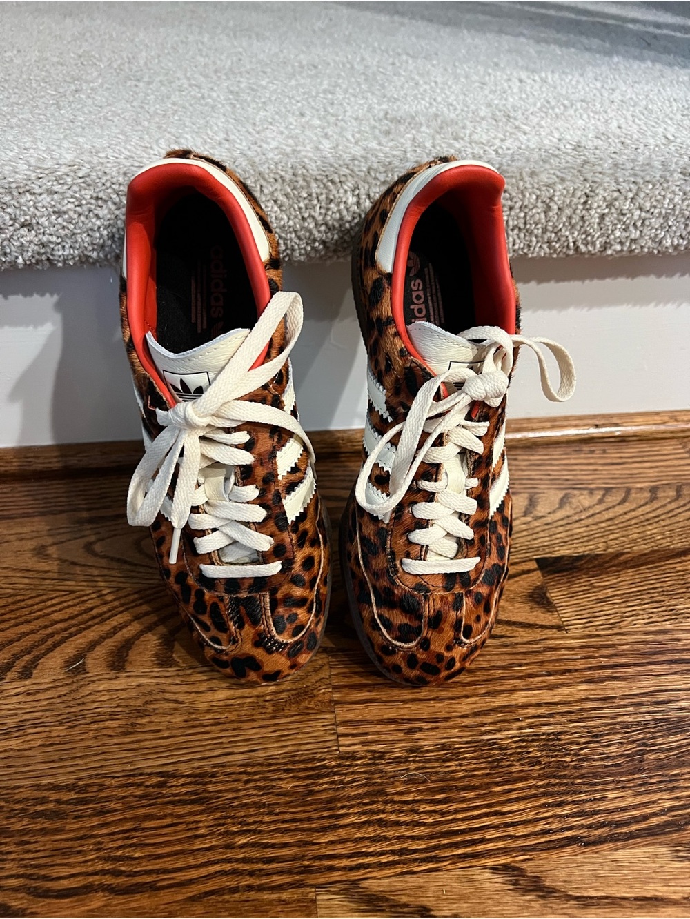 adidas Leopard-Print Sneakers in Brown, Black & White with Red Collar